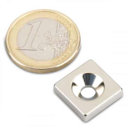 Bloque magnético 15,0 x 15,0 x 4,0 mm N35 níquel con agujero avellanado