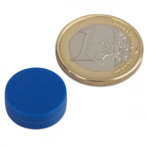 Imán de neodimio Ø 16,0 x 6,0 mm recubierto de plástico - azul - sujeta 2,6 kg