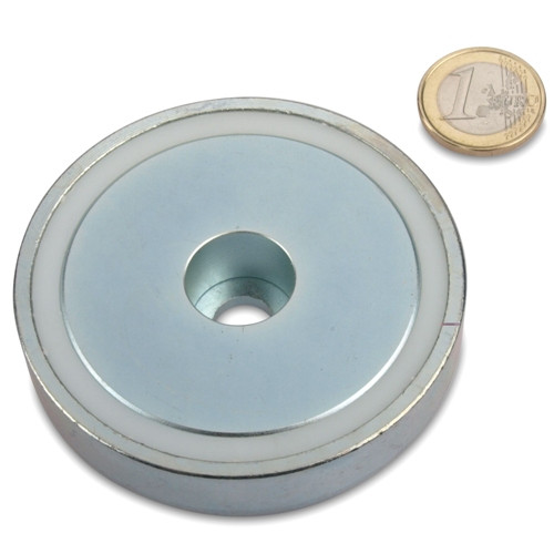 Pinza plana magnética de neodimio Ø 75,0 x 18,0 mm con taladro - sujeta 155 kg