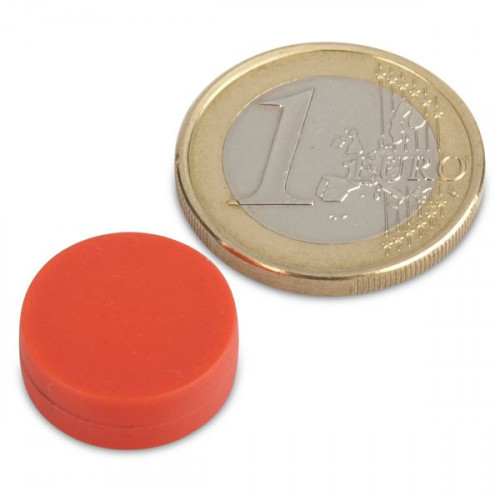 Imán de neodimio Ø 16,0 x 6,0 mm recubierto de plástico - rojo - sujeta 2,6 kg