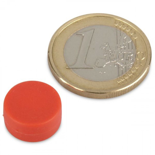 Imán de neodimio Ø 12,7 x 6,3 mm recubierto de plástico - rojo - sujeta 2 kg